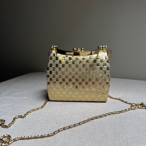 Gold Lame Basket Weave Evening Bag Purse - Picture 1 of 11